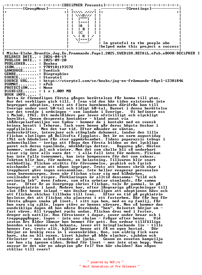 NFO for the release Micha.Elahe.Brandin.Jag.En.Frammande.Fagel.2025.SWEDiSH.RETAiL.ePub.eBOOK-DECiPHER by DECiPHER