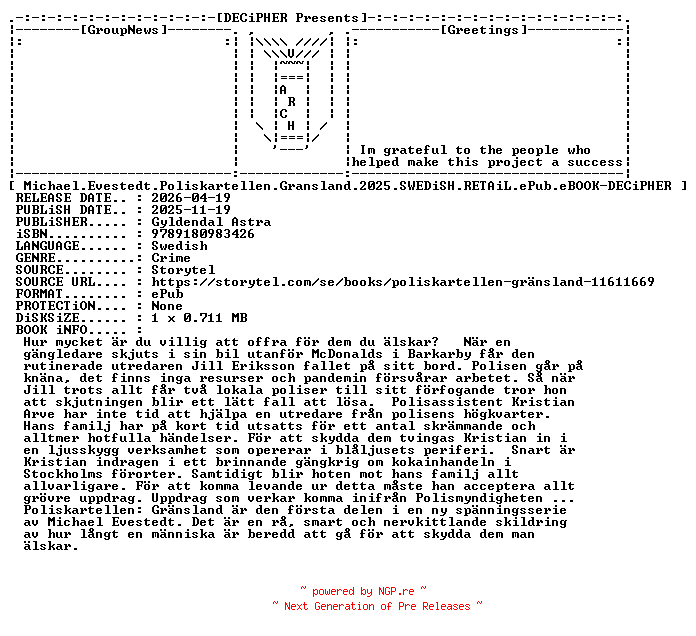 NFO for the release Michael.Evestedt.Poliskartellen.Gransland.2025.SWEDiSH.RETAiL.ePub.eBOOK-DECiPHER by DECiPHER