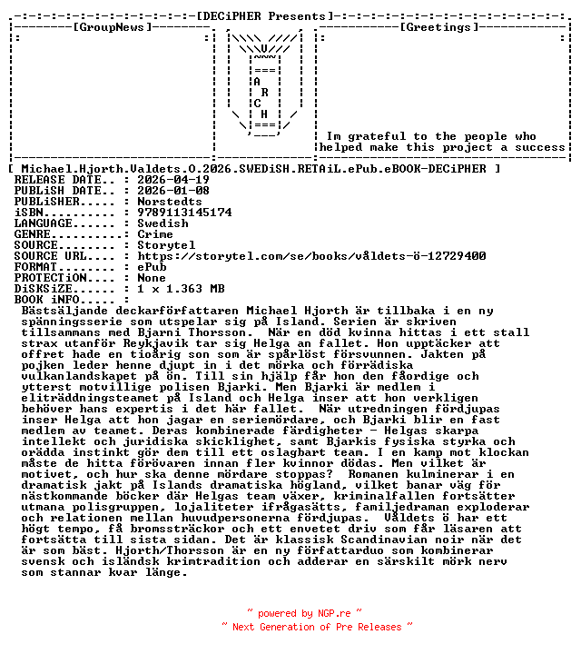 NFO for the release Michael.Hjorth.Valdets.O.2026.SWEDiSH.RETAiL.ePub.eBOOK-DECiPHER by DECiPHER