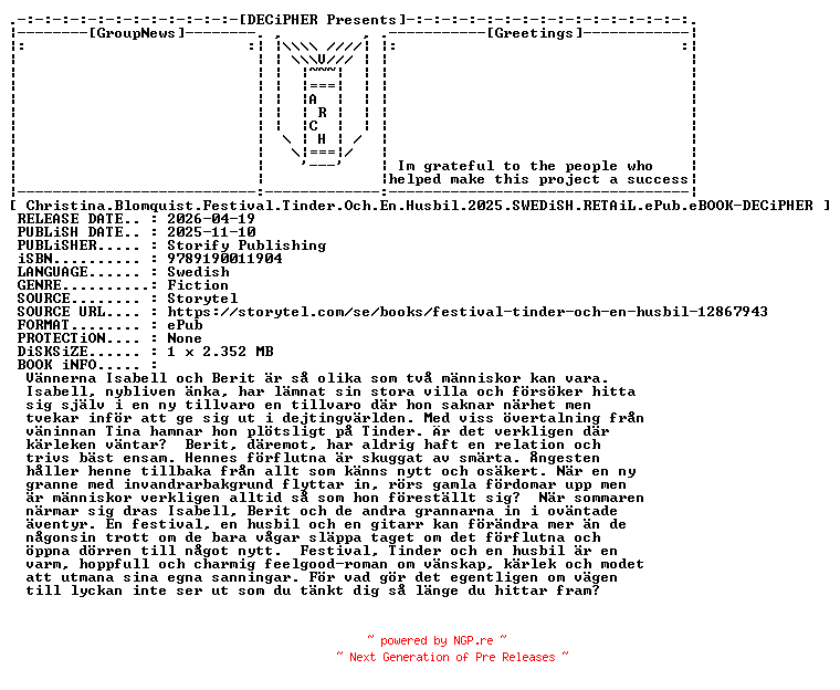 NFO for the release Christina.Blomquist.Festival.Tinder.Och.En.Husbil.2025.SWEDiSH.RETAiL.ePub.eBOOK-DECiPHER by DECiPHER
