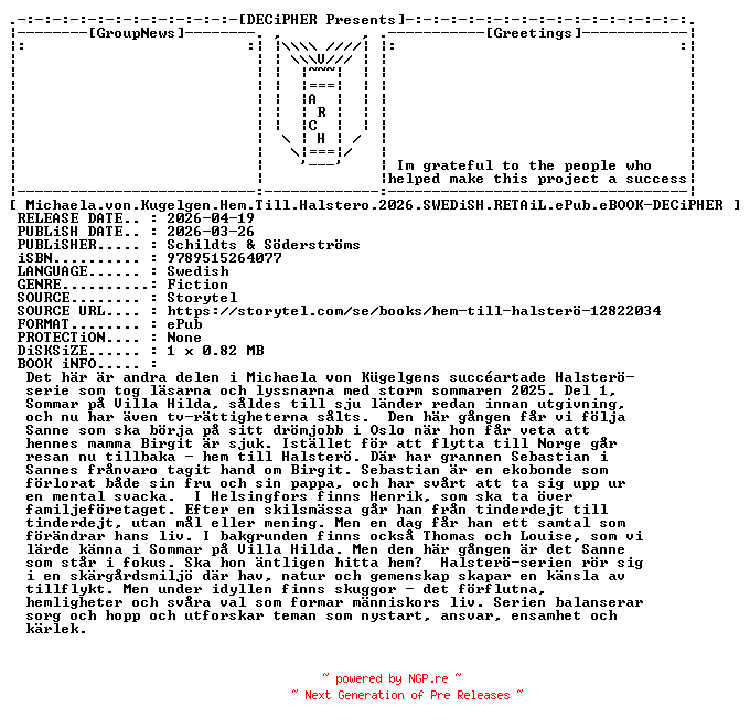 NFO for the release Michaela.Von.Kugelgen.Hem.Till.Halstero.2026.SWEDiSH.RETAiL.ePub.eBOOK-DECiPHER by DECiPHER