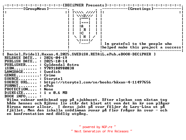 NFO for the release Daniel.Fridell.Haxan.4.2025.SWEDiSH.RETAiL.ePub.eBOOK-DECiPHER by DECiPHER