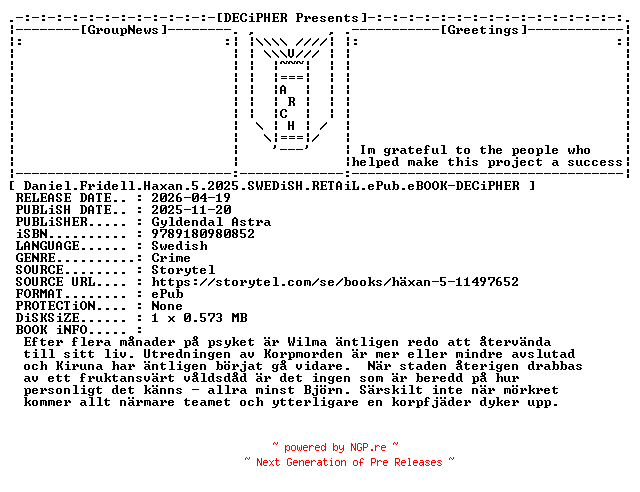 NFO for the release Daniel.Fridell.Haxan.5.2025.SWEDiSH.RETAiL.ePub.eBOOK-DECiPHER by DECiPHER