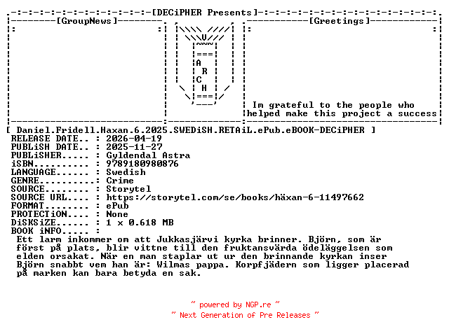 NFO for the release Daniel.Fridell.Haxan.6.2025.SWEDiSH.RETAiL.ePub.eBOOK-DECiPHER by DECiPHER