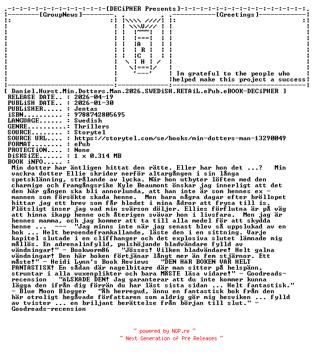 NFO for the release Daniel.Hurst.Min.Dotters.Man.2026.SWEDiSH.RETAiL.ePub.eBOOK-DECiPHER by DECiPHER