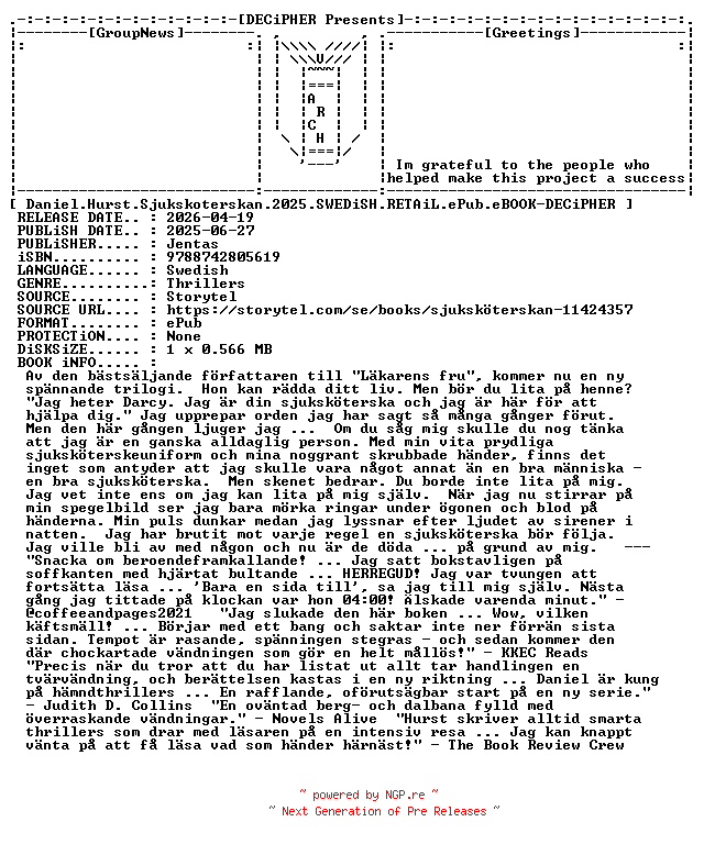 NFO for the release Daniel.Hurst.Sjukskoterskan.2025.SWEDiSH.RETAiL.ePub.eBOOK-DECiPHER by DECiPHER