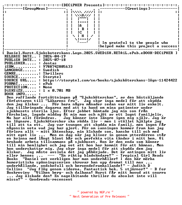 NFO for the release Daniel.Hurst.Sjukskoterskans.Logn.2025.SWEDiSH.RETAiL.ePub.eBOOK-DECiPHER by DECiPHER
