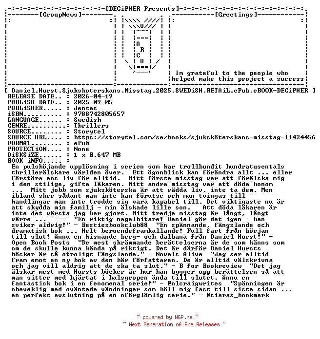 NFO for the release Daniel.Hurst.Sjukskoterskans.Misstag.2025.SWEDiSH.RETAiL.ePub.eBOOK-DECiPHER by DECiPHER