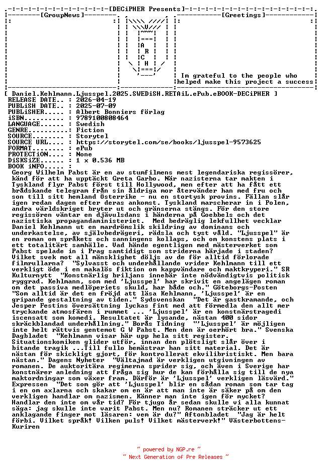 NFO for the release Daniel.Kehlmann.Ljusspel.2025.SWEDiSH.RETAiL.ePub.eBOOK-DECiPHER by DECiPHER