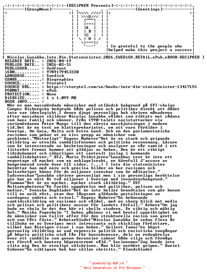 NFO for the release Nicolas.Lunabba.Inte.Din.Statsminister.2026.SWEDiSH.RETAiL.ePub.eBOOK-DECiPHER by DECiPHER