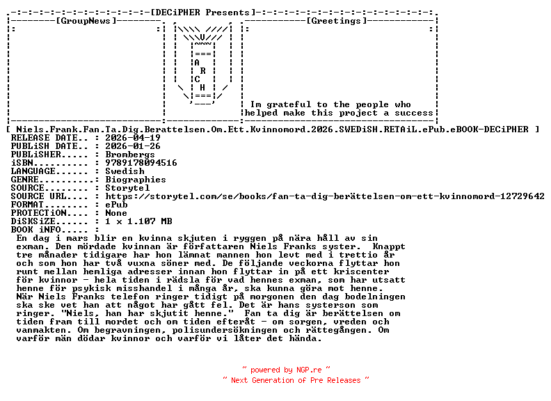 NFO for the release Niels.Frank.Fan.Ta.Dig.Berattelsen.Om.Ett.Kvinnomord.2026.SWEDiSH.RETAiL.ePub.eBOOK-DECiPHER by DECiPHER