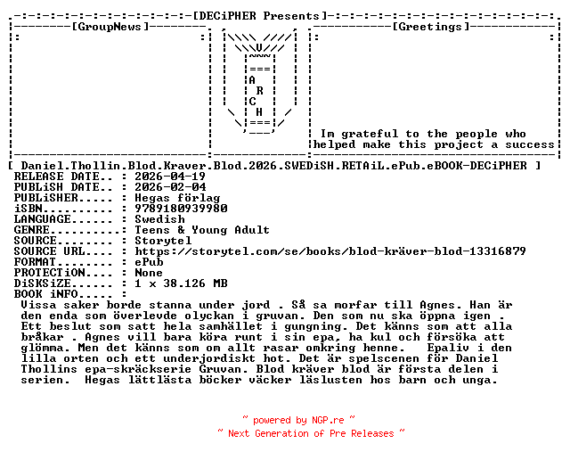 NFO for the release Daniel.Thollin.Blod.Kraver.Blod.2026.SWEDiSH.RETAiL.ePub.eBOOK-DECiPHER by DECiPHER