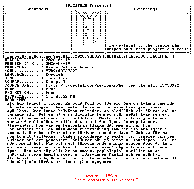 NFO for the release Darby.Kane.Hon.Som.Sag.Allt.2026.SWEDiSH.RETAiL.ePub.eBOOK-DECiPHER by DECiPHER