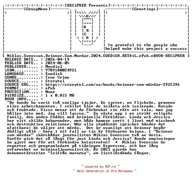 NFO for the release Niklas.Svensson.Kvinnor.Som.Mordar.2024.SWEDiSH.RETAiL.ePub.eBOOK-DECiPHER by DECiPHER