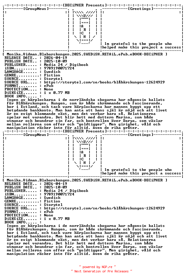 NFO for the release Monika.Vidman.Blabarskungen.2025.SWEDiSH.RETAiL.ePub.eBOOK-DECiPHER by DECiPHER