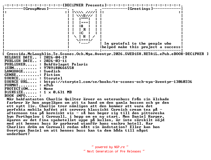 NFO for the release Cressida.McLaughlin.Te.Scones.Och.Nya.Aventyr.2026.SWEDiSH.RETAiL.ePub.eBOOK-DECiPHER by DECiPHER