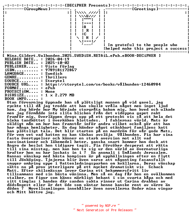 NFO for the release Nina.Gildert.Valbunden.2025.SWEDiSH.RETAiL.ePub.eBOOK-DECiPHER by DECiPHER