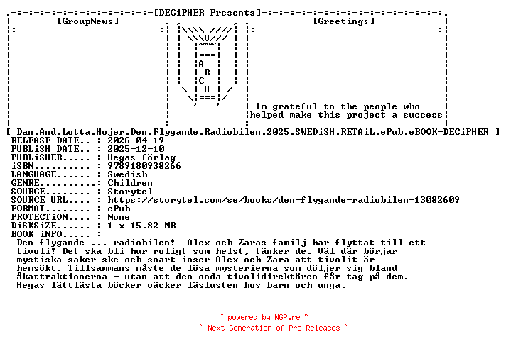 NFO for the release Dan.And.Lotta.Hojer.Den.Flygande.Radiobilen.2025.SWEDiSH.RETAiL.ePub.eBOOK-DECiPHER by DECiPHER