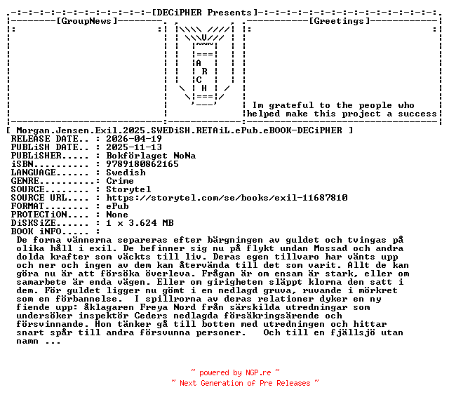 NFO for the release Morgan.Jensen.Exil.2025.SWEDiSH.RETAiL.ePub.eBOOK-DECiPHER by DECiPHER