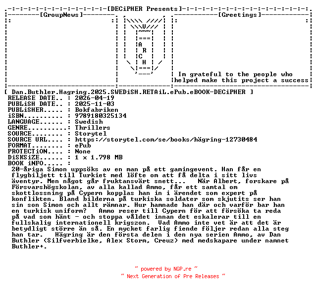 NFO for the release Dan.Buthler.Hagring.2025.SWEDiSH.RETAiL.ePub.eBOOK-DECiPHER by DECiPHER