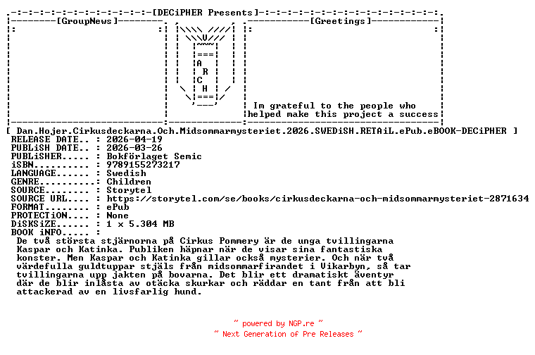 NFO for the release Dan.Hojer.Cirkusdeckarna.Och.Midsommarmysteriet.2026.SWEDiSH.RETAiL.ePub.eBOOK-DECiPHER by DECiPHER