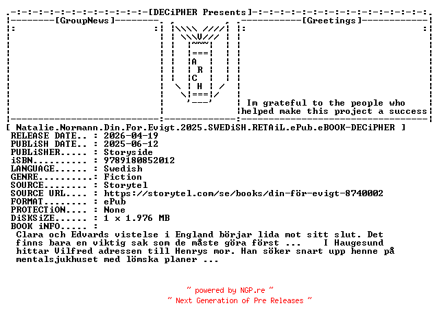 NFO for the release Natalie.Normann.Din.For.Evigt.2025.SWEDiSH.RETAiL.ePub.eBOOK-DECiPHER by DECiPHER
