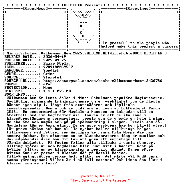 NFO for the release Ninni.Schulman.Valkommen.Hem.2025.SWEDiSH.RETAiL.ePub.eBOOK-DECiPHER by DECiPHER