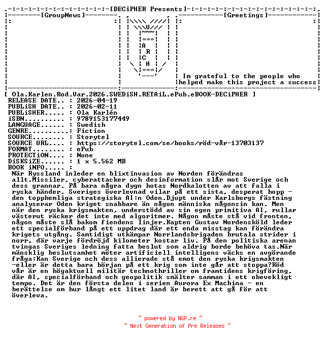 NFO for the release Ola.Karlen.Rod.Var.2026.SWEDiSH.RETAiL.ePub.eBOOK-DECiPHER by DECiPHER