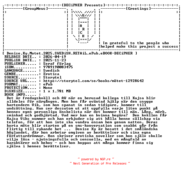 NFO for the release Denise.Ky.Motet.2025.SWEDiSH.RETAiL.ePub.eBOOK-DECiPHER by DECiPHER
