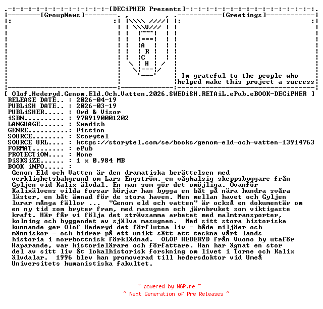 NFO for the release Olof.Hederyd.Genom.Eld.Och.Vatten.2026.SWEDiSH.RETAiL.ePub.eBOOK-DECiPHER by DECiPHER