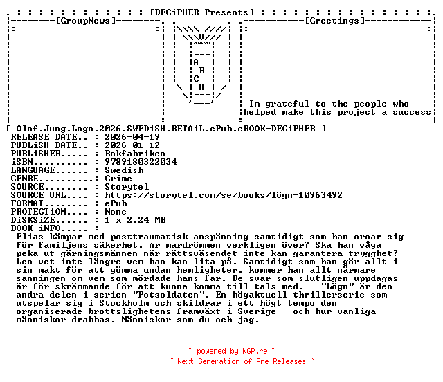 NFO for the release Olof.Jung.Logn.2026.SWEDiSH.RETAiL.ePub.eBOOK-DECiPHER by DECiPHER