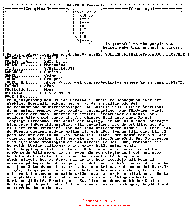 NFO for the release Denise.Rudberg.Tva.Ganger.Ar.En.Vana.2026.SWEDiSH.RETAiL.ePub.eBOOK-DECiPHER by DECiPHER