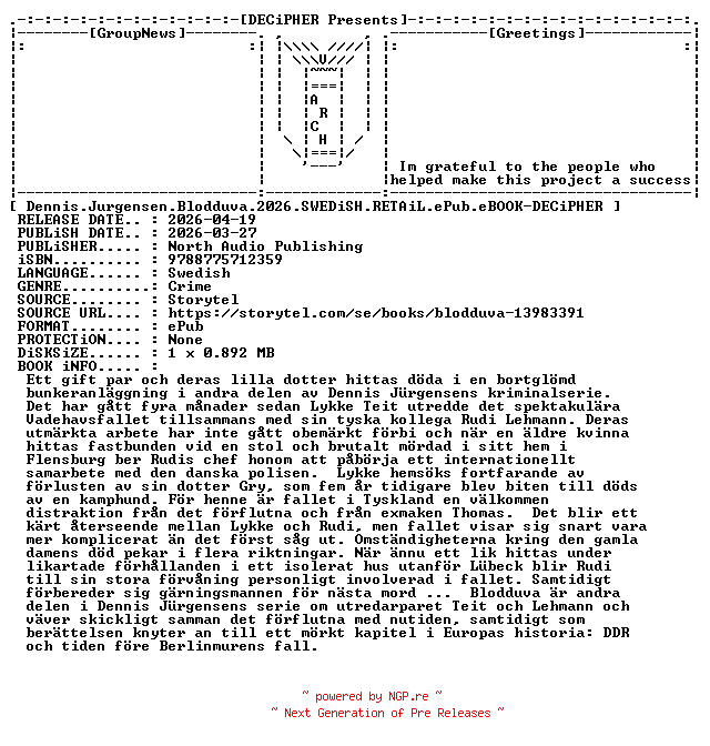 NFO for the release Dennis.Jurgensen.Blodduva.2026.SWEDiSH.RETAiL.ePub.eBOOK-DECiPHER by DECiPHER