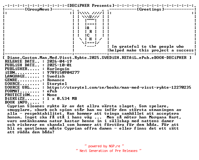 NFO for the release Diane.Gaston.Man.Med.Visst.Rykte.2025.SWEDiSH.RETAiL.ePub.eBOOK-DECiPHER by DECiPHER