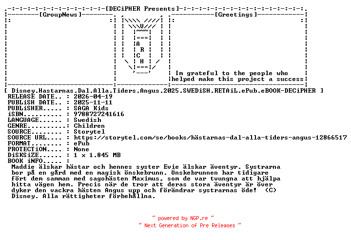NFO for the release Disney.Hastarnas.Dal.Alla.Tiders.Angus.2025.SWEDiSH.RETAiL.ePub.eBOOK-DECiPHER by DECiPHER