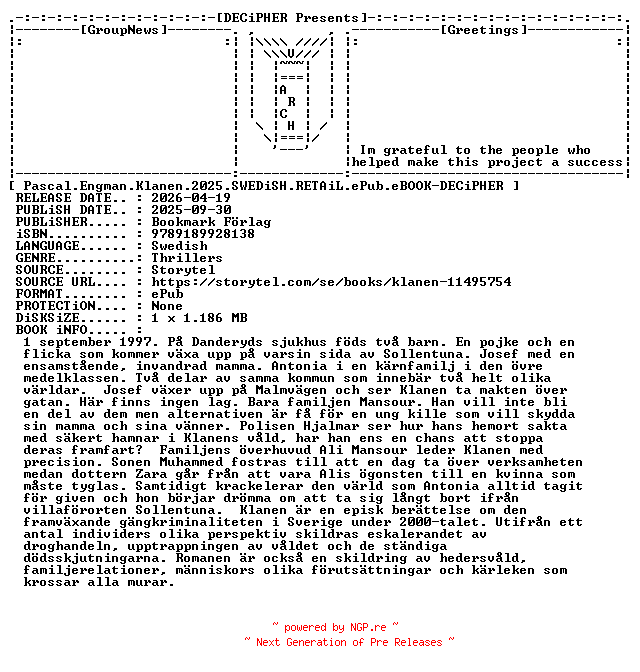 NFO for the release Pascal.Engman.Klanen.2025.SWEDiSH.RETAiL.ePub.eBOOK-DECiPHER by DECiPHER