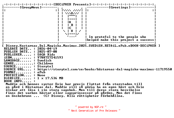 NFO for the release Disney.Hastarnas.Dal.Magiska.Maximus.2025.SWEDiSH.RETAiL.ePub.eBOOK-DECiPHER by DECiPHER