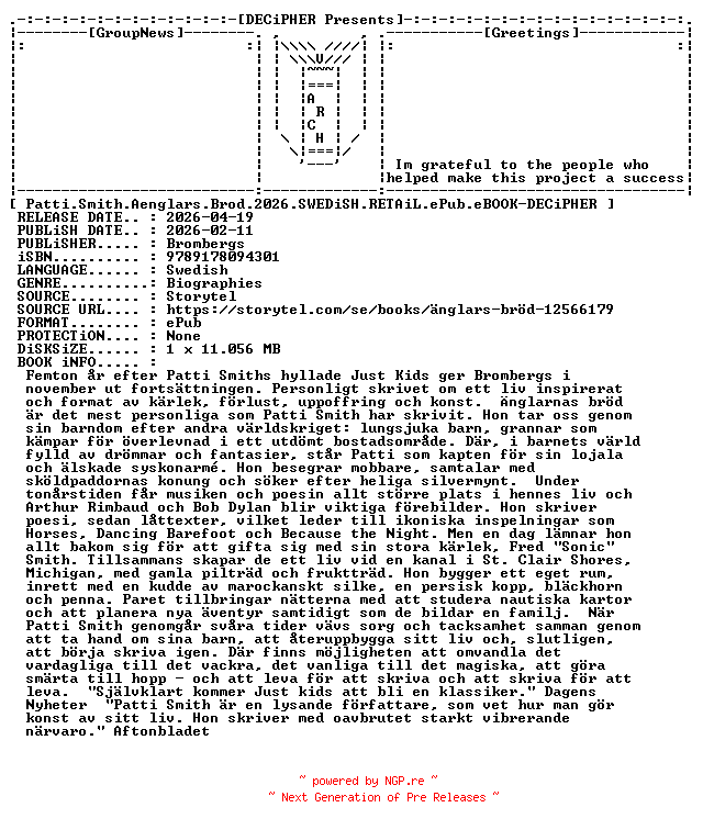 NFO for the release Patti.Smith.Aenglars.Brod.2026.SWEDiSH.RETAiL.ePub.eBOOK-DECiPHER by DECiPHER