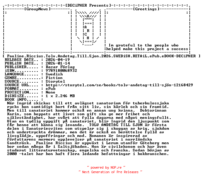 NFO for the release Pauline.Riccius.Tolv.Andetag.Till.Sjon.2026.SWEDiSH.RETAiL.ePub.eBOOK-DECiPHER by DECiPHER