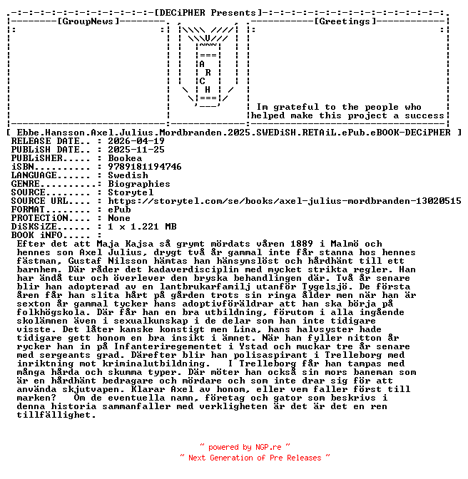 NFO for the release Ebbe.Hansson.Axel.Julius.Mordbranden.2025.SWEDiSH.RETAiL.ePub.eBOOK-DECiPHER by DECiPHER