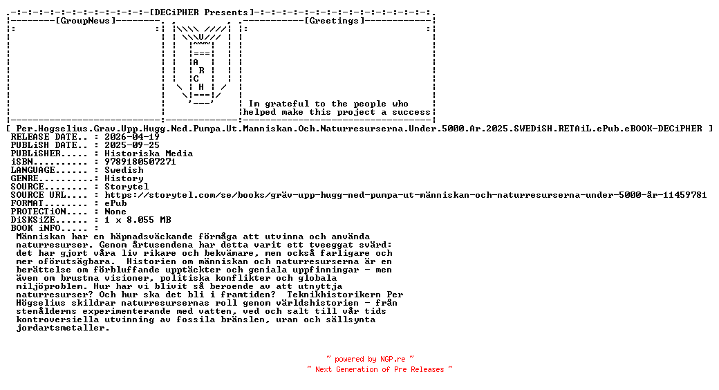 NFO for the release Per.Hogselius.Grav.Upp.Hugg.Ned.Pumpa.Ut.Manniskan.Och.Naturresurserna.Under.5000.Ar.2025.SWEDiSH.RETAiL.ePub.eBOOK-DECiPHER by DECiPHER