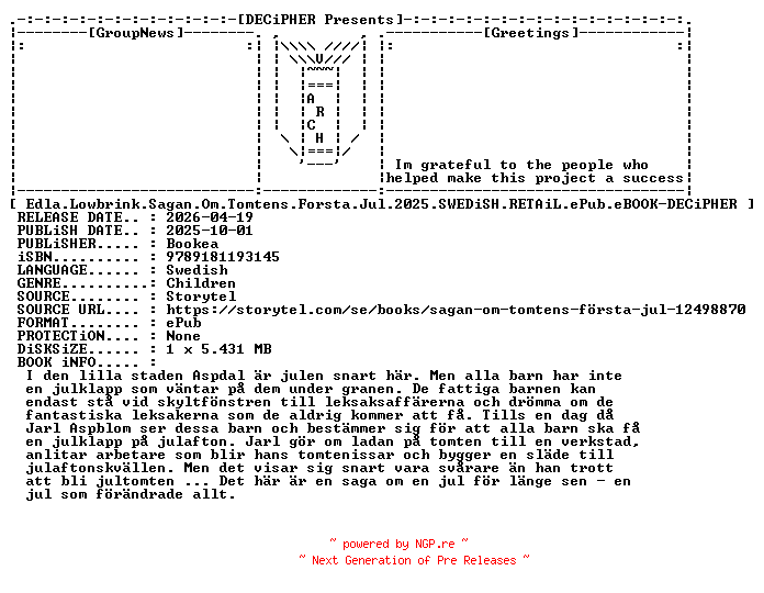 NFO for the release Edla.Lowbrink.Sagan.Om.Tomtens.Forsta.Jul.2025.SWEDiSH.RETAiL.ePub.eBOOK-DECiPHER by DECiPHER