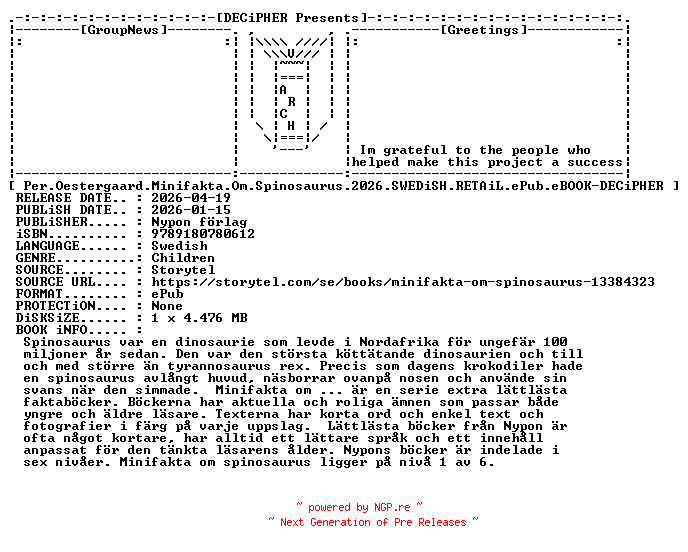 NFO for the release Per.Oestergaard.Minifakta.Om.Spinosaurus.2026.SWEDiSH.RETAiL.ePub.eBOOK-DECiPHER by DECiPHER