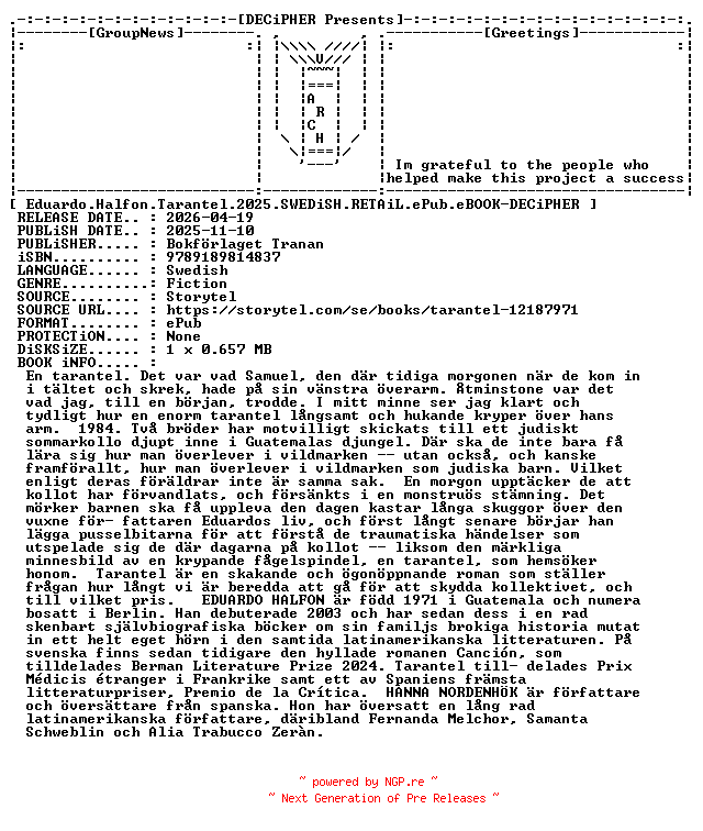 NFO for the release Eduardo.Halfon.Tarantel.2025.SWEDiSH.RETAiL.ePub.eBOOK-DECiPHER by DECiPHER