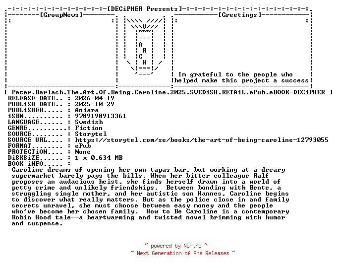 NFO for the release Peter.Barlach.The.Art.Of.Being.Caroline.2025.SWEDiSH.RETAiL.ePub.eBOOK-DECiPHER by DECiPHER