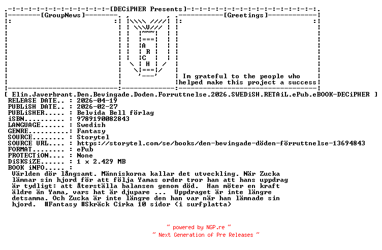NFO for the release Elin.Javerbrant.Den.Bevingade.Doden.Forruttnelse.2026.SWEDiSH.RETAiL.ePub.eBOOK-DECiPHER by DECiPHER