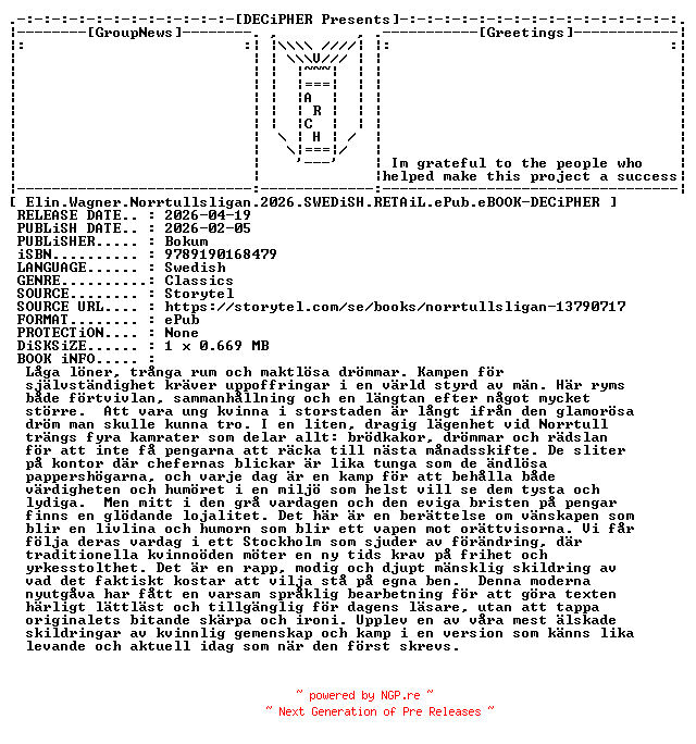 NFO for the release Elin.Wagner.Norrtullsligan.2026.SWEDiSH.RETAiL.ePub.eBOOK-DECiPHER by DECiPHER