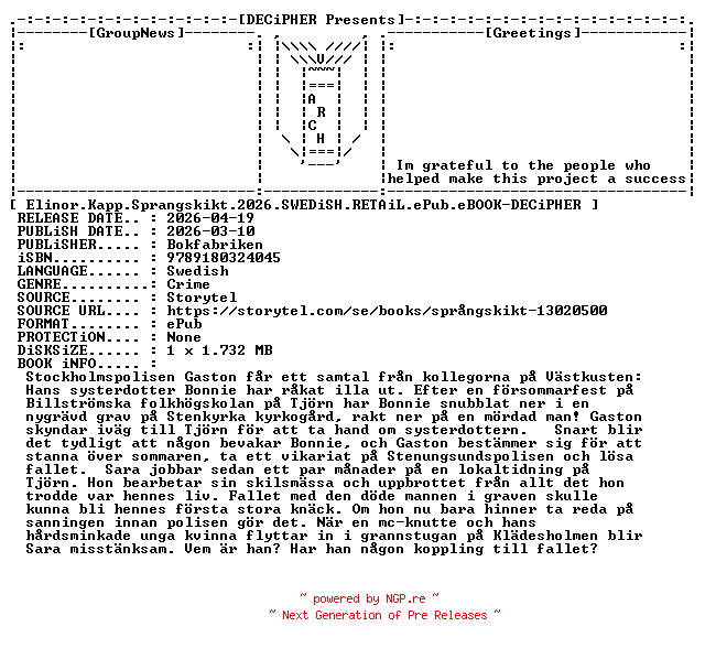 NFO for the release Elinor.Kapp.Sprangskikt.2026.SWEDiSH.RETAiL.ePub.eBOOK-DECiPHER by DECiPHER