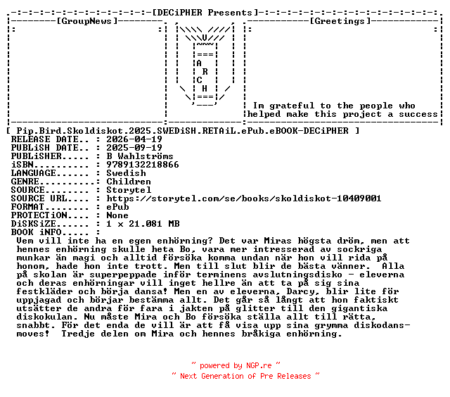 NFO for the release Pip.Bird.Skoldiskot.2025.SWEDiSH.RETAiL.ePub.eBOOK-DECiPHER by DECiPHER