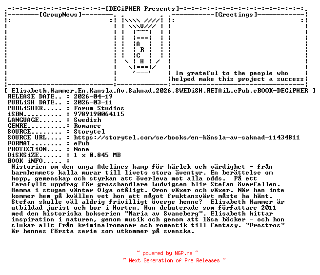 NFO for the release Elisabeth.Hammer.En.Kansla.Av.Saknad.2026.SWEDiSH.RETAiL.ePub.eBOOK-DECiPHER by DECiPHER